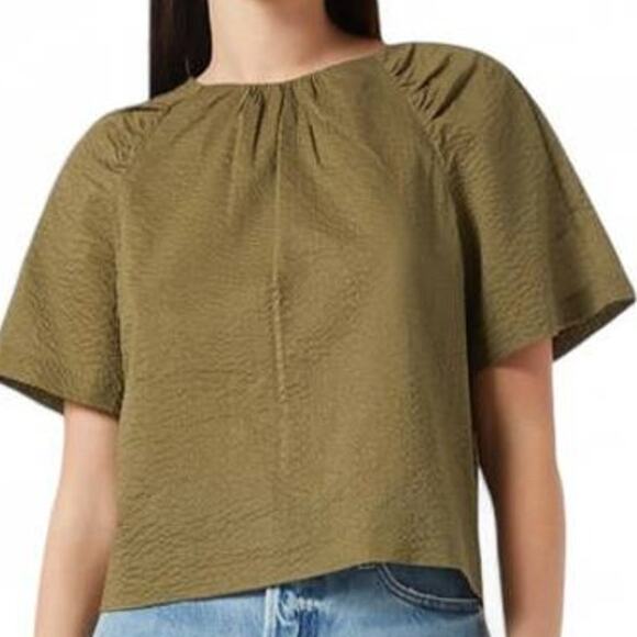 FRAME Draped Short Sleeve Cotton Blouse Cypress Olive Green WS24WBL001-CYPR Larg - Picture 1 of 5